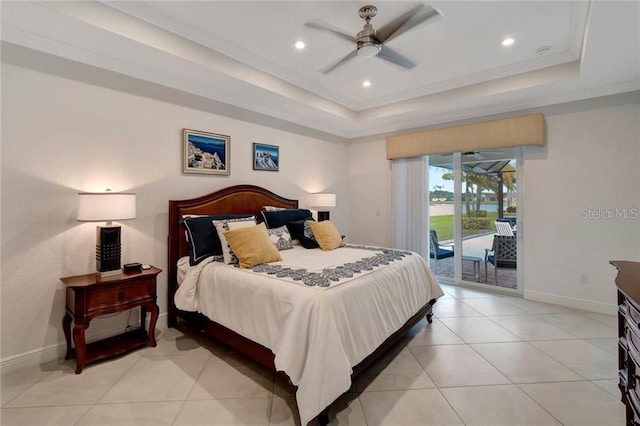 bedroom with light tile patterned flooring, recessed lighting, baseboards, access to outside, and a tray ceiling