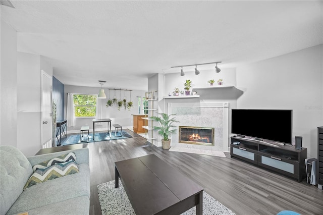 living area with a textured ceiling, a fireplace, wood finished floors, baseboards, and rail lighting