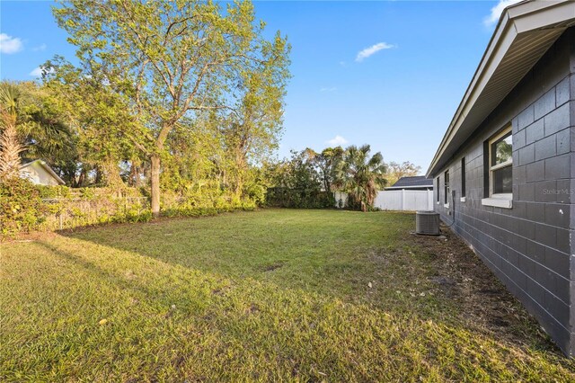 view of yard featuring central AC unit and a fenced backyard