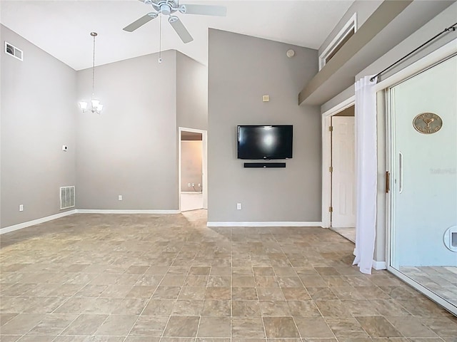 unfurnished living room featuring high vaulted ceiling, baseboards, visible vents, and ceiling fan with notable chandelier