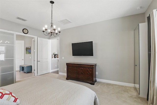 bedroom featuring visible vents, baseboards, light colored carpet, and a chandelier