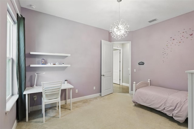 bedroom with a notable chandelier, visible vents, baseboards, and carpet floors