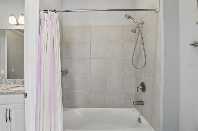 full bath featuring shower / bath combination with curtain and vanity