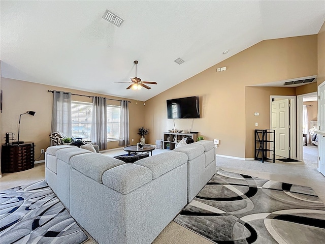 living area with light carpet, baseboards, visible vents, a ceiling fan, and vaulted ceiling