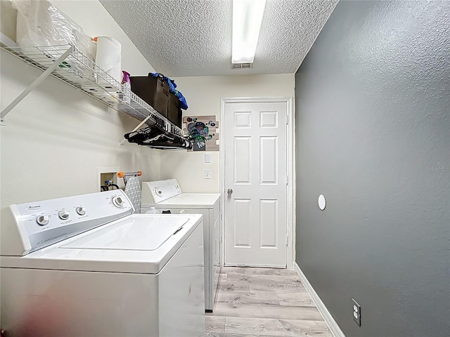 laundry area with washing machine and clothes dryer, visible vents, light wood-style flooring, a textured ceiling, and laundry area