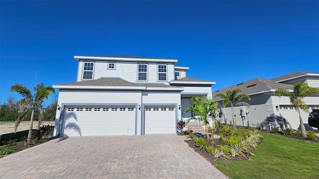 traditional-style house featuring an attached garage, a front lawn, and decorative driveway