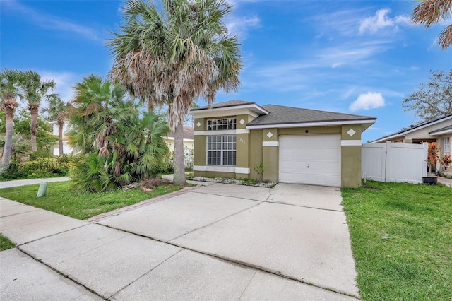 view of front of house featuring a garage, fence, driveway, stucco siding, and a front yard