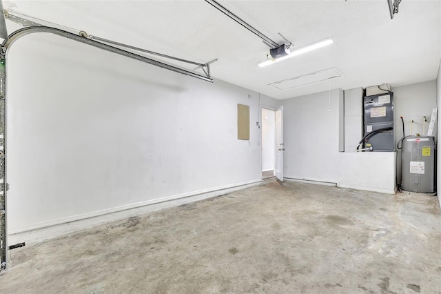 garage with baseboards, heating unit, electric water heater, and a garage door opener