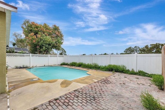 view of pool featuring a fenced in pool, a fenced backyard, and a patio