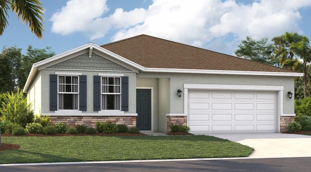 view of front of property with stucco siding, concrete driveway, an attached garage, a front yard, and stone siding