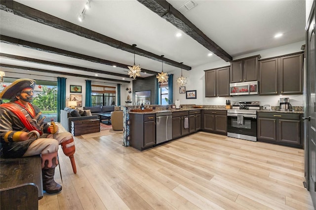 kitchen with stainless steel appliances, a peninsula, light wood-style floors, open floor plan, and dark brown cabinets