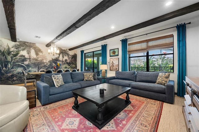 living room featuring recessed lighting, beam ceiling, visible vents, and an inviting chandelier