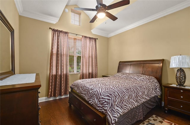 bedroom featuring baseboards, lofted ceiling, dark wood-style floors, and crown molding