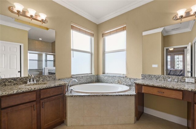 bathroom with a wealth of natural light, connected bathroom, a shower stall, and crown molding