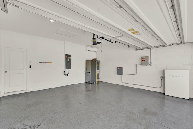 garage with electric panel, a garage door opener, and concrete block wall