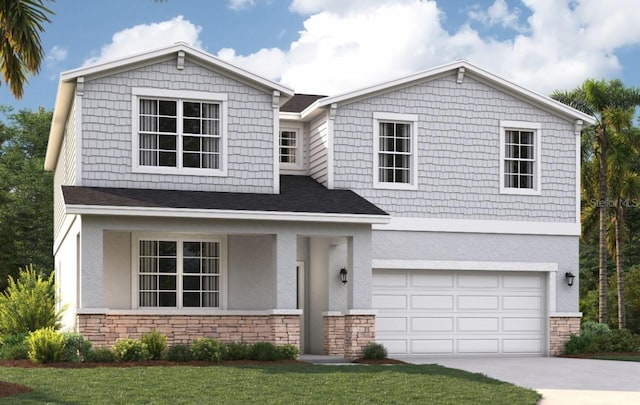 view of front facade with stucco siding, concrete driveway, an attached garage, stone siding, and a front lawn