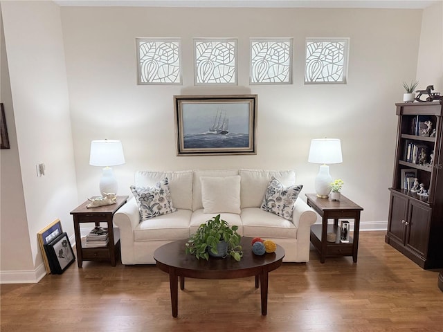 living area featuring baseboards and wood finished floors