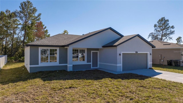 single story home with an attached garage, fence, driveway, stucco siding, and a front yard