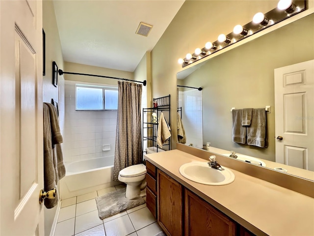 bathroom with toilet, vanity, visible vents, tile patterned floors, and shower / bathtub combination with curtain