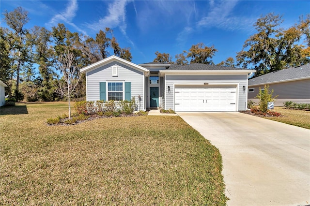 ranch-style home with an attached garage, driveway, and a front lawn