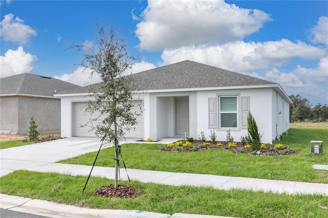 view of front facade featuring a garage, a shingled roof, concrete driveway, stucco siding, and a front lawn