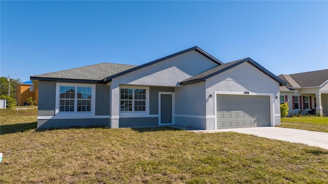 ranch-style house with a garage, a front yard, driveway, and stucco siding