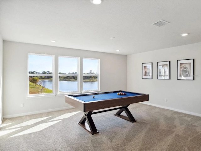 playroom featuring carpet floors, billiards, visible vents, and baseboards
