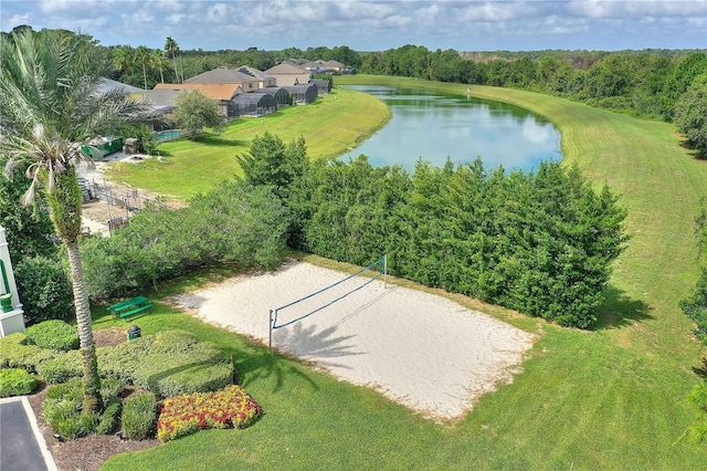 birds eye view of property featuring a water view