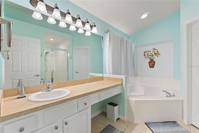 full bath with lofted ceiling, a garden tub, vanity, tile patterned floors, and a stall shower