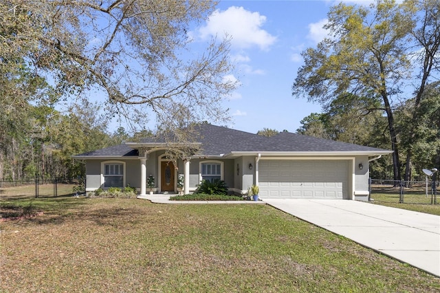 ranch-style house with stucco siding, concrete driveway, a front lawn, and fence