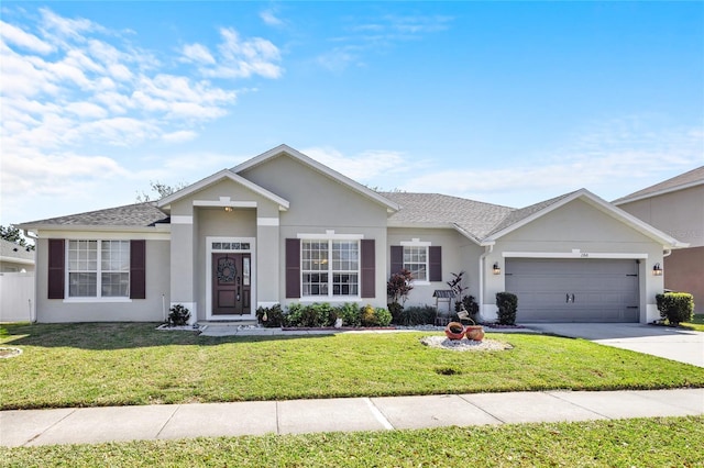 ranch-style home featuring driveway, a front yard, and stucco siding