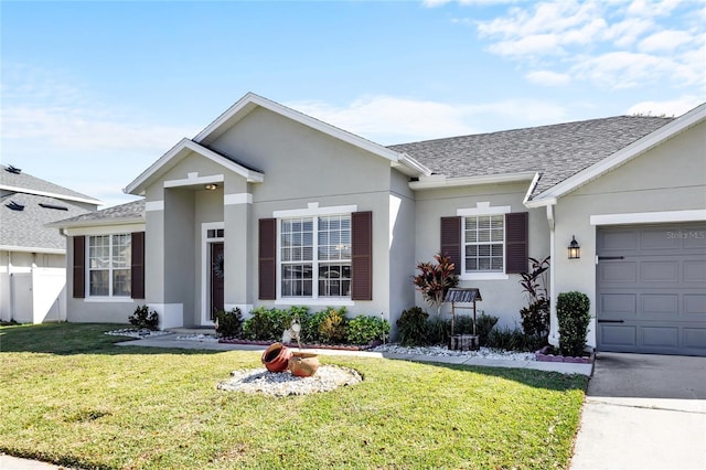 ranch-style house with a front yard, roof with shingles, an attached garage, and stucco siding