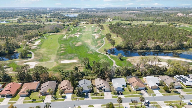 aerial view featuring a residential view, a water view, and golf course view