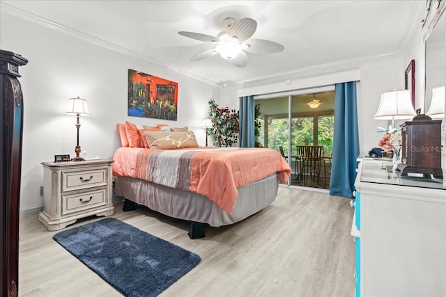 bedroom featuring light wood finished floors, access to outside, ornamental molding, and a ceiling fan