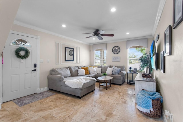 living room with a ceiling fan, recessed lighting, crown molding, and baseboards