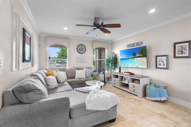 living area with ornamental molding, recessed lighting, a ceiling fan, and baseboards