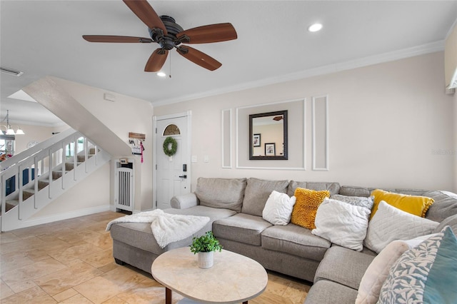 living room with visible vents, baseboards, ornamental molding, stairs, and recessed lighting