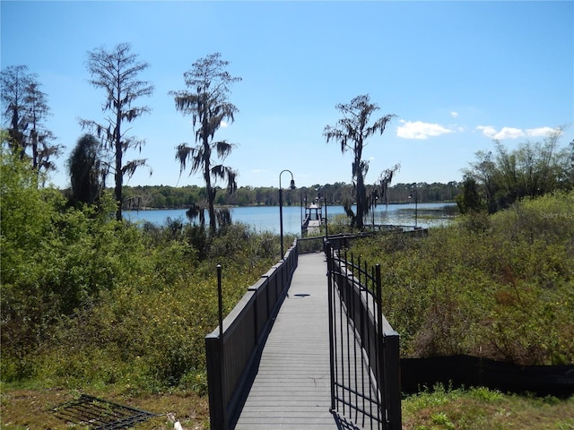 view of dock with a water view