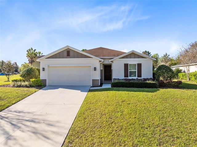 single story home featuring concrete driveway, a garage, and a front lawn