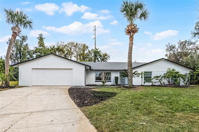 view of front of home featuring a front yard, an attached garage, concrete driveway, and stucco siding