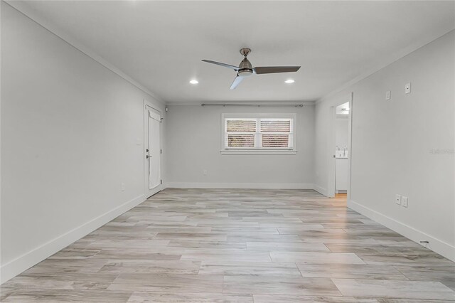 unfurnished room with recessed lighting, a ceiling fan, baseboards, and light wood finished floors