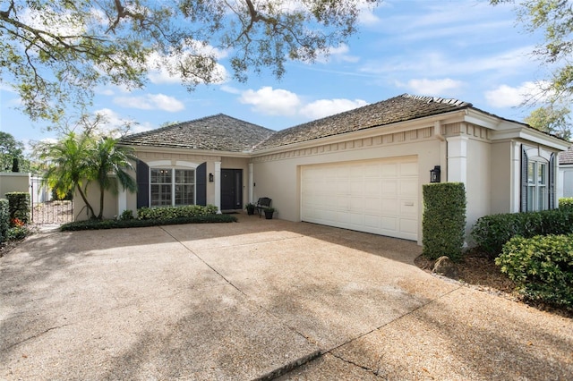 ranch-style home with a garage, concrete driveway, and stucco siding