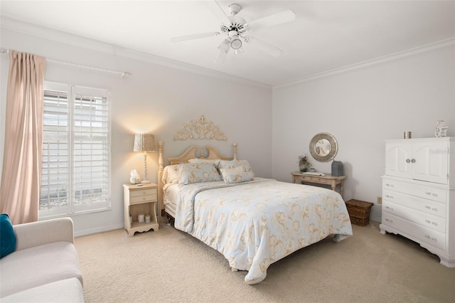 carpeted bedroom featuring multiple windows, crown molding, and ceiling fan