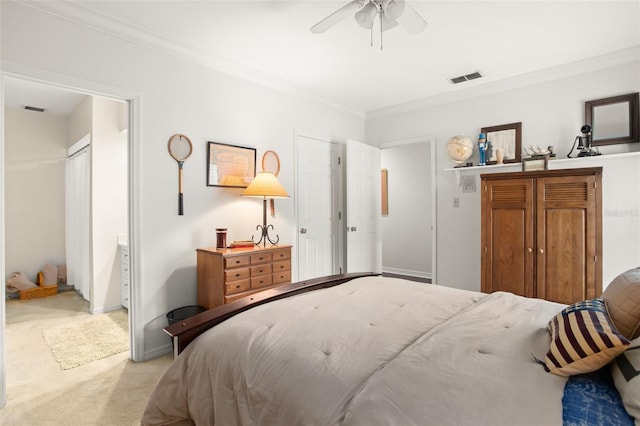 bedroom featuring light colored carpet, visible vents, ornamental molding, ceiling fan, and baseboards