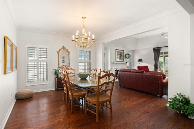 dining room featuring dark wood-type flooring, plenty of natural light, a fireplace, and baseboards