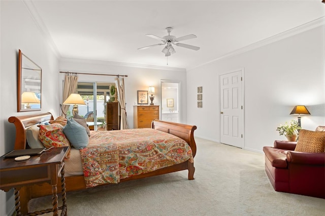 carpeted bedroom featuring access to exterior, ornamental molding, connected bathroom, ceiling fan, and baseboards