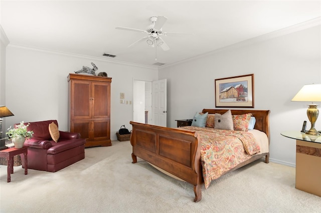 bedroom with visible vents, ceiling fan, light colored carpet, and crown molding