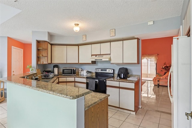 kitchen with under cabinet range hood, open shelves, stainless steel appliances, a peninsula, and light tile patterned floors