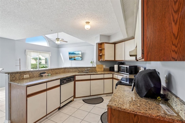 kitchen featuring a peninsula, open shelves, white dishwasher, under cabinet range hood, and black electric range oven