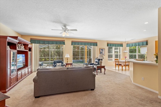 8606 Terrace Pines Ct, Orlando, FL 32836 - living area with a textured ceiling, carpet floors, a ceiling fan, a sunroom, and baseboards